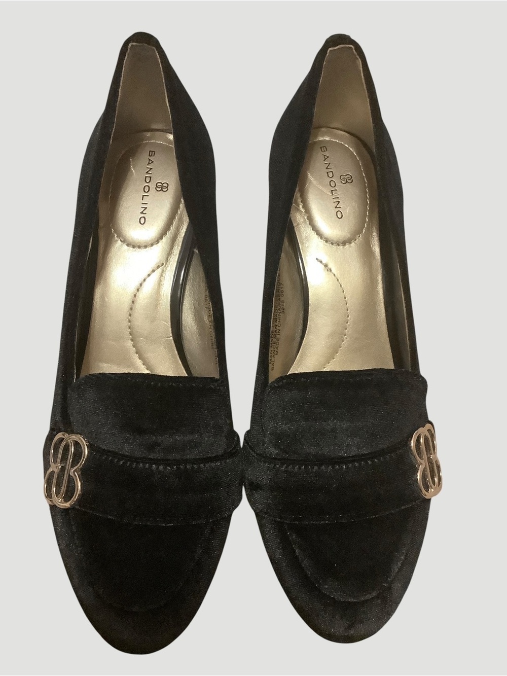Bandolino Velvet Look Loafer Pumps Black Gold Hardware Block Heel Shoes Size 6M - Picture 8 of 11
